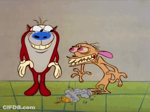 A Cartoon Character With A Blue Nose Is Holding Another Character 'S Arm GIF