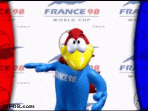 A Cartoon Character With A Blue Shirt That Says France 98 On It GIF