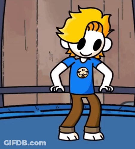 A Cartoon Character With A Blue Shirt With A Smiley Face On It GIF