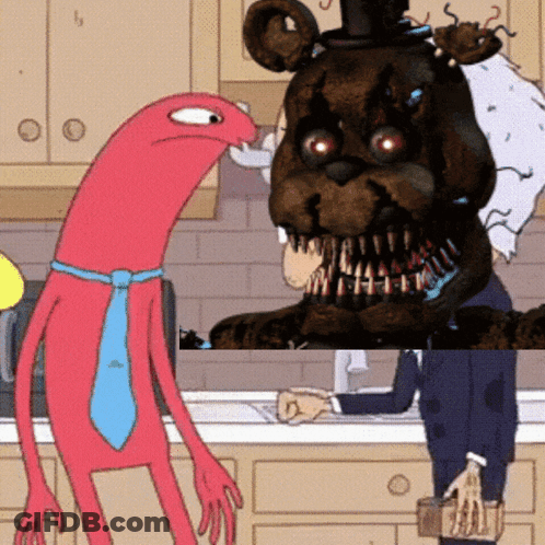 A Cartoon Character With A Blue Tie Is Standing Next To A Teddy Bear With Huge Teeth GIF