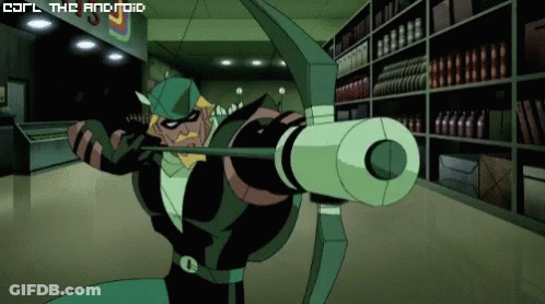 A Cartoon Character With A Bow And Arrow With The Words Carl The Android Above Him GIF
