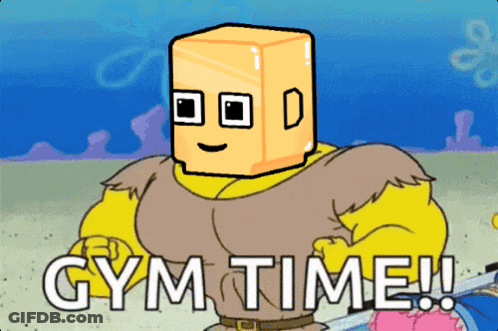 A Cartoon Character With A Box On His Head And The Words Gym Time On The Bottom GIF