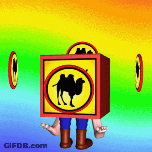 A Cartoon Character With A Box On His Head With A Camel In The Center GIF
