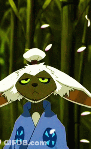 A Cartoon Character With A Bun On His Head And A Blue Jacket GIF