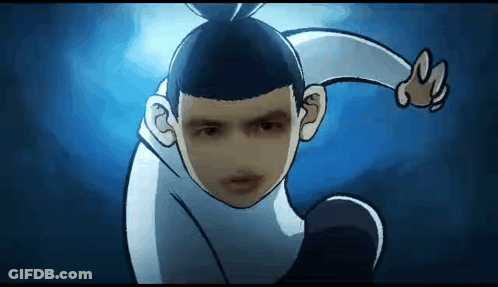 A Cartoon Character With A Bun On His Head Is Making A Funny Face . GIF