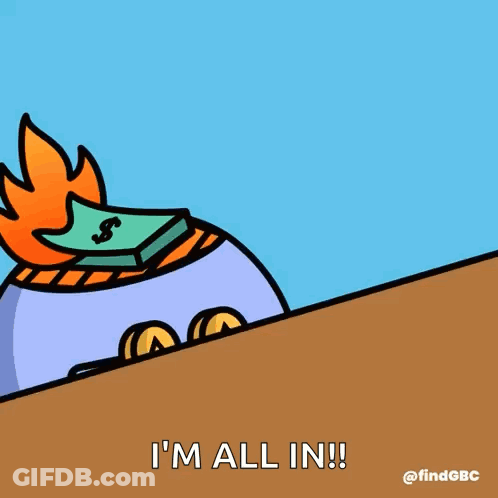 A Cartoon Character With A Bunch Of Money On His Head Says All In I 'M All In GIF