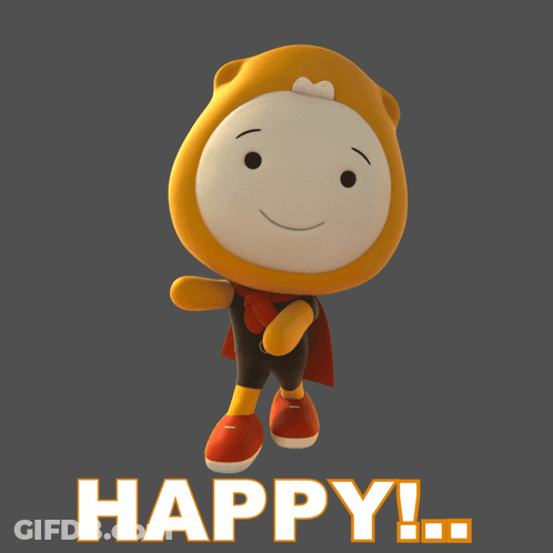 A Cartoon Character With A Cape And The Word Happy Behind Him GIF