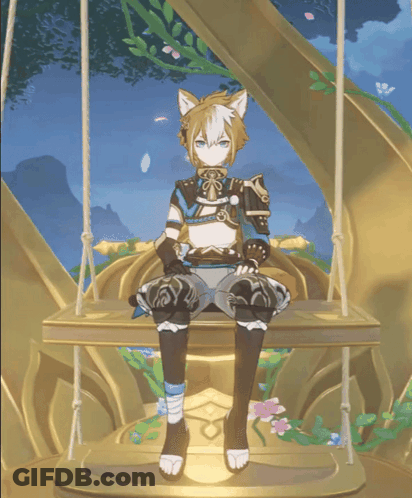A Cartoon Character With A Cat Ear Sits On A Wooden Swing GIF