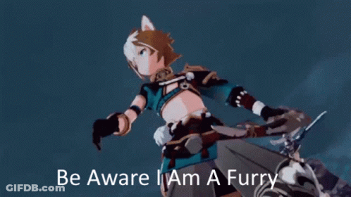 A Cartoon Character With A Cat 'S Ear And The Words Be Aware I Am A Furry GIF