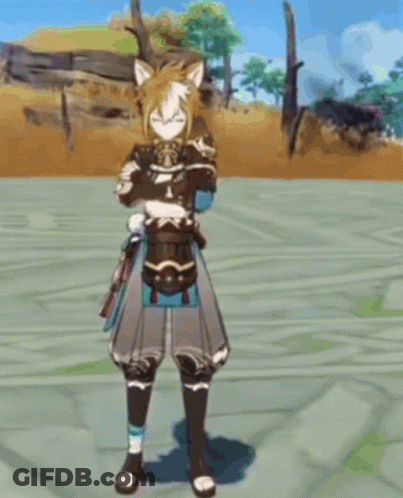 A Cartoon Character With A Cat 'S Ear Is Standing In A Field . GIF