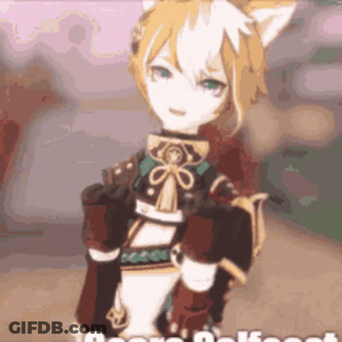 A Cartoon Character With A Cat 'S Ears And A Cat 'S Head Is Standing In A Room . GIF