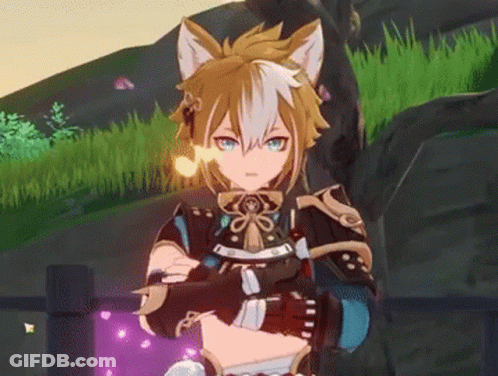 A Cartoon Character With A Cat 'S Ears And A Sword Is Standing In The Grass . GIF