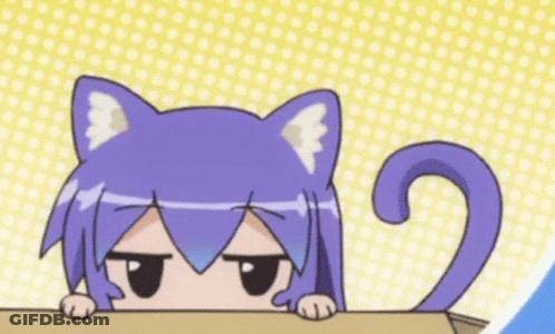A Cartoon Character With A Cat 'S Ears And Tail Is Peeking Over A Box . GIF
