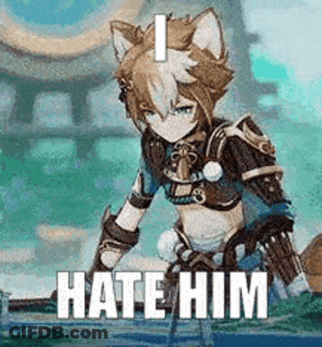 A Cartoon Character With A Cat 'S Ears And The Words `` I Hate Him '' . GIF