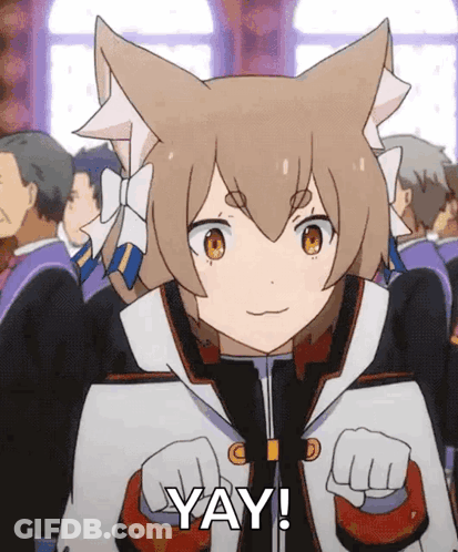A Cartoon Character With A Cat 'S Ears Is Saying Yay ! GIF