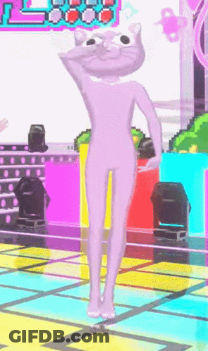 A Cartoon Character With A Cat 'S Head Is Standing On A Stage GIF