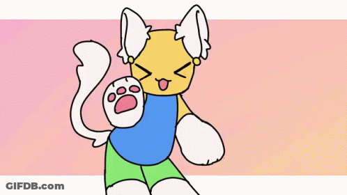 A Cartoon Character With A Cat 'S Tail And Ears Is Standing On A Pink Background . GIF