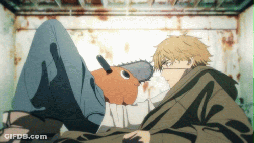 A Cartoon Character With A Chainsaw On His Knee GIF