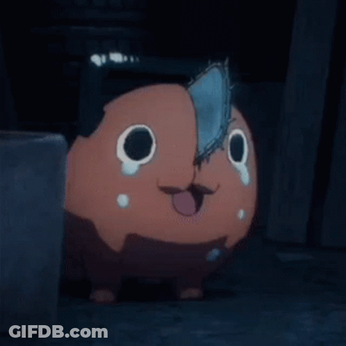 A Cartoon Character With A Chainsaw On Its Head And A Crying Face GIF