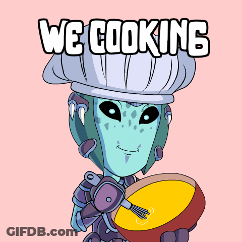 A Cartoon Character With A Chef 'S Hat And The Words " We Cooking " GIF