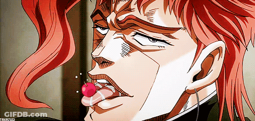 A Cartoon Character With A Cherry In His Mouth GIF
