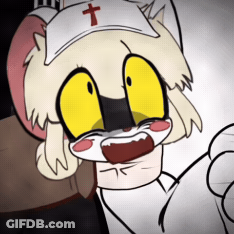 A Cartoon Character With A Cross On Her Hat GIF