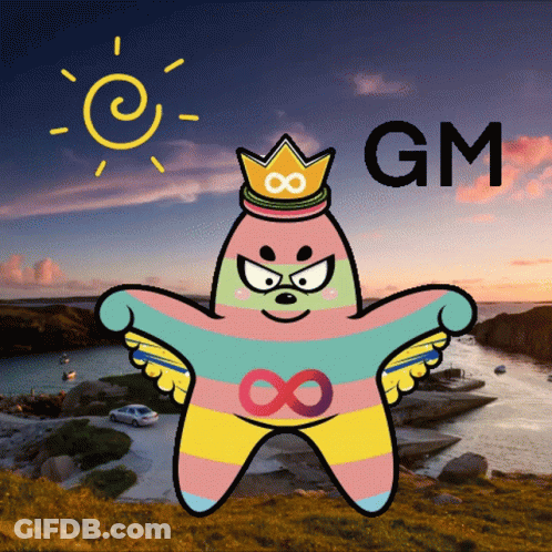 A Cartoon Character With A Crown On His Head And The Words Gm Below Him GIF