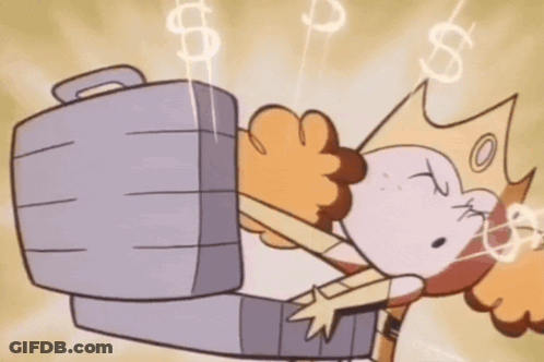 A Cartoon Character With A Crown On His Head Is Holding A Briefcase And A Hammer . GIF