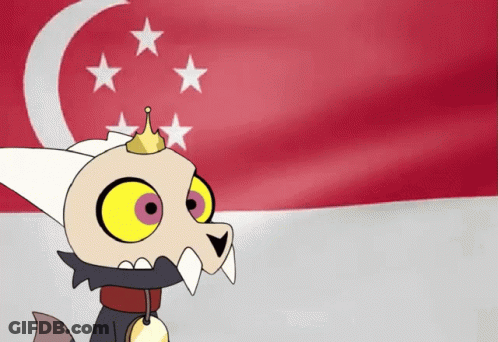 A Cartoon Character With A Crown On His Head Is Standing In Front Of A Singapore Flag GIF
