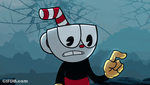 A Cartoon Character With A Cup And A Red And White Striped Cane On His Head GIF