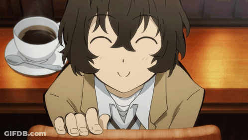A Cartoon Character With A Cup Of Coffee In The Background GIF