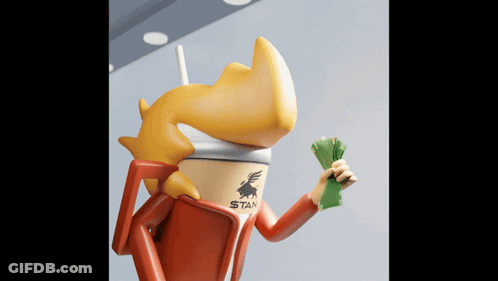 A Cartoon Character With A Cup Of Stan Coffee On His Head GIF