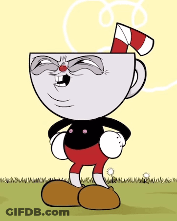 A Cartoon Character With A Cup On His Head And A Red And White Striped Straw GIF