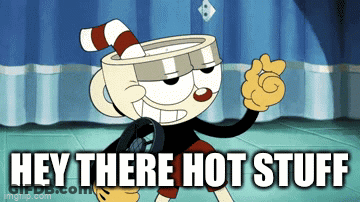 A Cartoon Character With A Cup On His Head Says " Hey There Hot Stuff " GIF