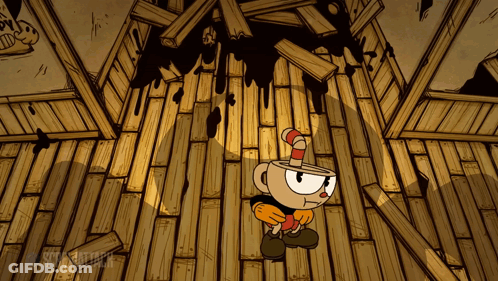 A Cartoon Character With A Cup On His Head Stands In A Wooden Room GIF