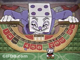 A Cartoon Character With A Dice Head Is Playing Roulette With A Cuphead . GIF