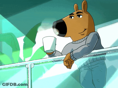 A Cartoon Character With A Dog 'S Head Is Leaning On A Railing Holding A Cup Of Coffee GIF