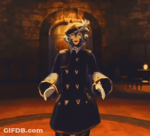 A Cartoon Character With A Feathered Hat Is Standing In A Dark Room GIF
