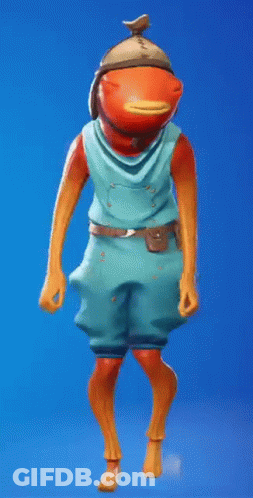 A Cartoon Character With A Fish Head And Arms Is Standing On A Blue Background . GIF