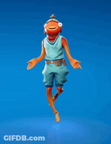 A Cartoon Character With A Fish Head And Legs Is Dancing On A Blue Background GIF
