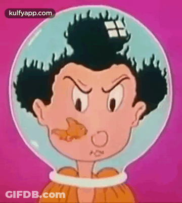 A Cartoon Character With A Fish In His Mouth And A Bubble Around His Head . GIF