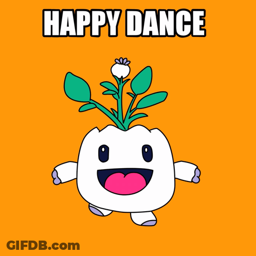A Cartoon Character With A Flower Growing Out Of It And The Words Happy Dance Below It GIF