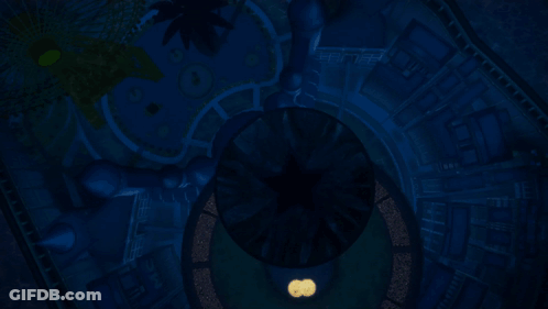 A Cartoon Character With A Gas Mask Around His Neck Is Flying Through The Air GIF