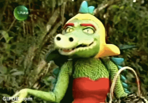A Cartoon Character With A Green And Yellow Outfit Is Holding A Basket In A Forest GIF