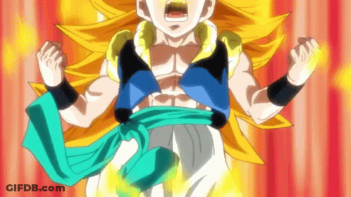 A Cartoon Character With A Green Belt Around His Waist Is Screaming With His Fist In The Air GIF