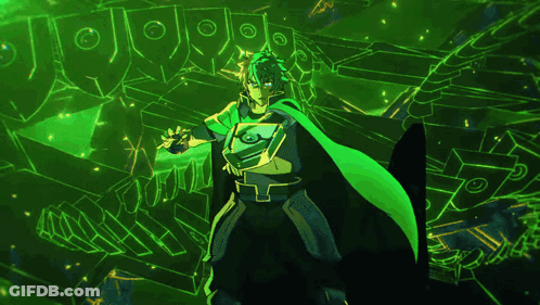 A Cartoon Character With A Green Cape And A Shield GIF
