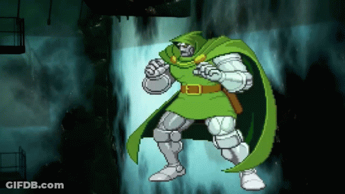 A Cartoon Character With A Green Cape And Armor Stands In Front Of A Waterfall GIF