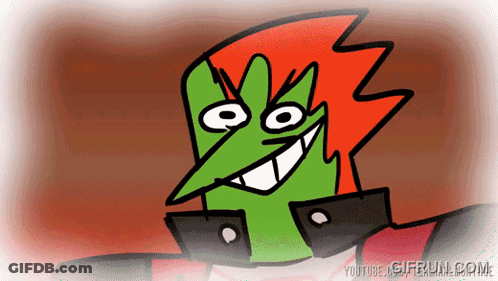 A Cartoon Character With A Green Face And Red Hair Is Smiling And Says Youtube Giffun.com GIF