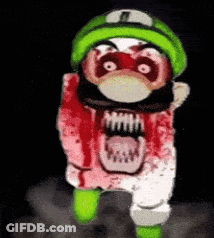 A Cartoon Character With A Green Hat And A Bloody Face Is Standing In The Dark . GIF