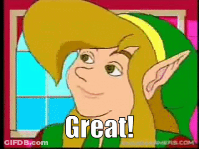 A Cartoon Character With A Green Hat And Ears Is Smiling And Says `` Great '' . GIF